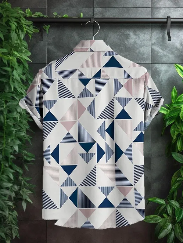 Blue_Geometric_Print_Short_Sleeve_Button-Down_Shirt,_White_And_Navy_Blue_Pattern