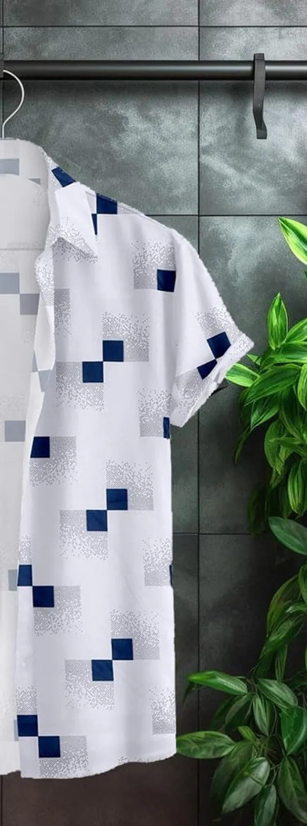 White_Short_Sleeve_Button_Down_Shirt,_Geometric_Square_Print,_White_And_Navy_Blue,_Casual_Summer_Style