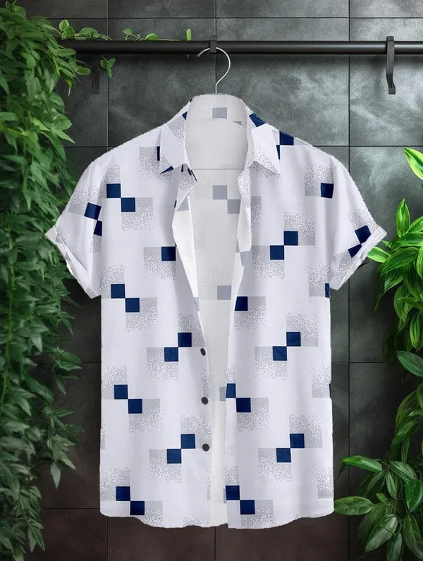 White_Short_Sleeve_Button_Down_Shirt,_Geometric_Square_Print,_White_And_Navy_Blue,_Casual_Summer_Style