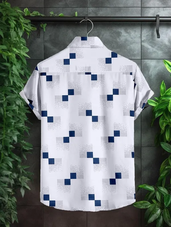 White_Short_Sleeve_Button_Down_Shirt,_Geometric_Square_Print,_White_And_Navy_Blue,_Casual_Summer_Style