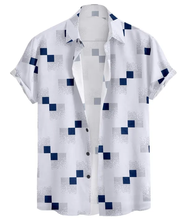 White_Short_Sleeve_Button_Down_Shirt,_Geometric_Square_Print,_White_And_Navy_Blue,_Casual_Summer_Style