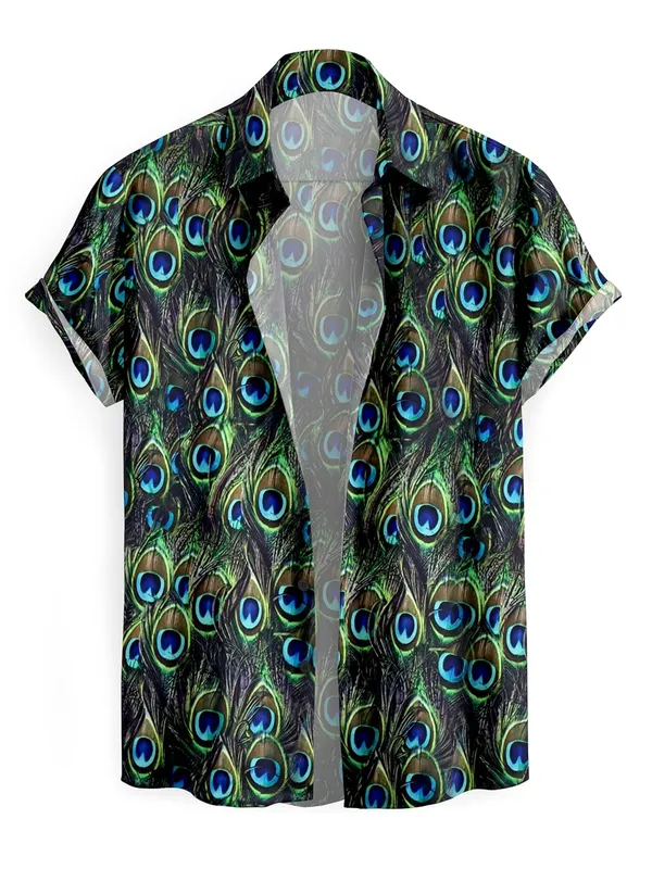 Morpich_Peacock_Feather_Print_Hawaiian_Shirt,_Short_Sleeve_Button_Down,_Green_And_Blue_Pattern