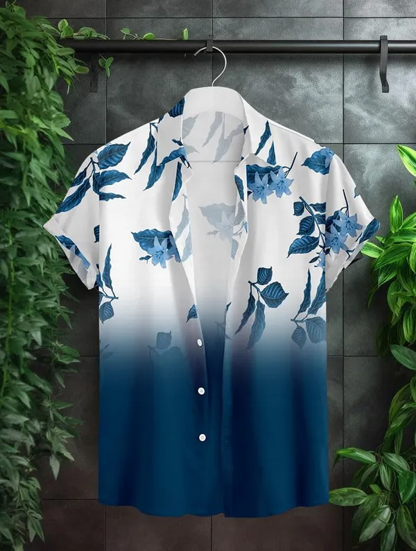 Blue_Floral_Print_Button-Down_Shirt,_Ombre_White_To_Black,_Leaf_Pattern_Design