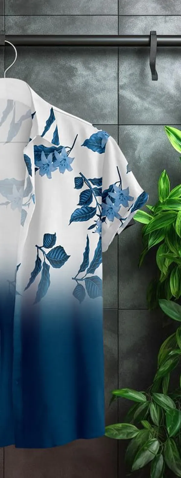 Blue_Floral_Print_Button-Down_Shirt,_Ombre_White_To_Black,_Leaf_Pattern_Design
