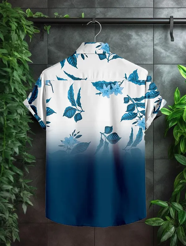 Blue_Floral_Print_Button-Down_Shirt,_Ombre_White_To_Black,_Leaf_Pattern_Design