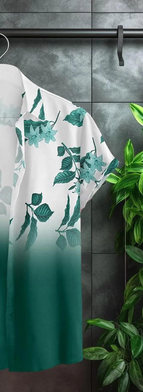 Green_Floral_Print_Button-Down_Shirt,_Ombre_White_To_Black,_Leaf_Pattern_Design