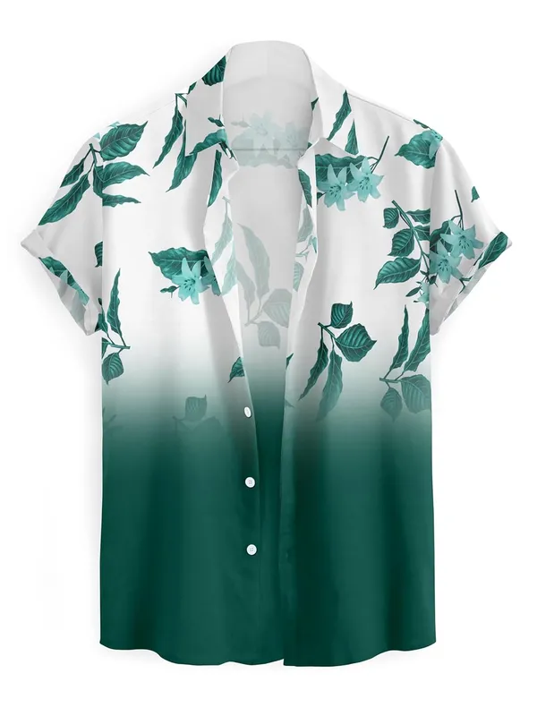 Green_Floral_Print_Button-Down_Shirt,_Ombre_White_To_Black,_Leaf_Pattern_Design