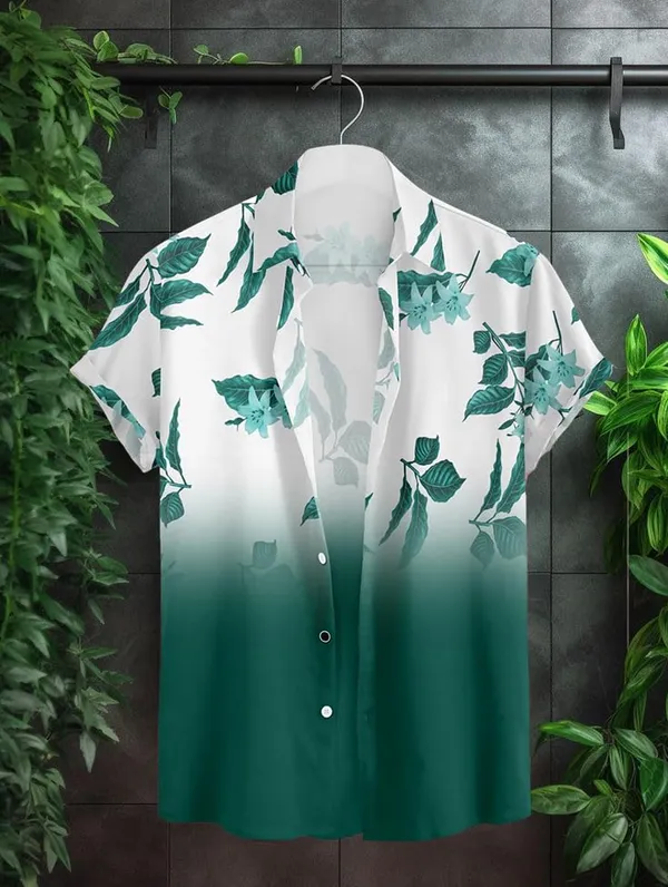 Green_Floral_Print_Button-Down_Shirt,_Ombre_White_To_Black,_Leaf_Pattern_Design