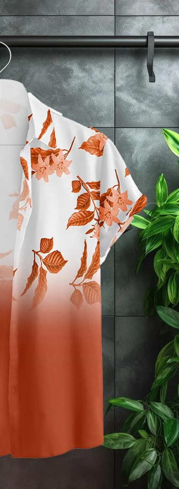 Orenge_Floral_Print_Button-Down_Shirt,_Ombre_White_To_Black,_Leaf_Pattern_Design