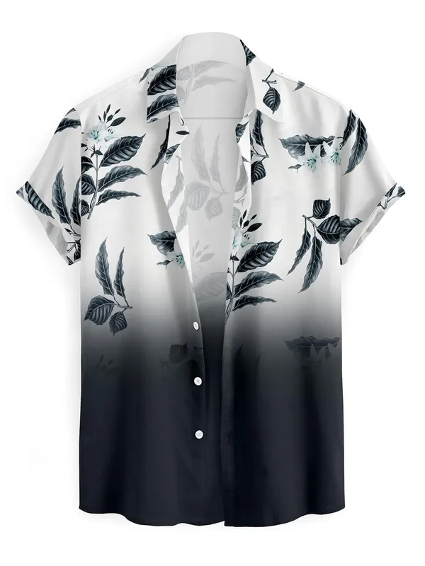 Black_Floral_Print_Button-Down_Shirt,_Ombre_White_To_Black,_Leaf_Pattern_Design