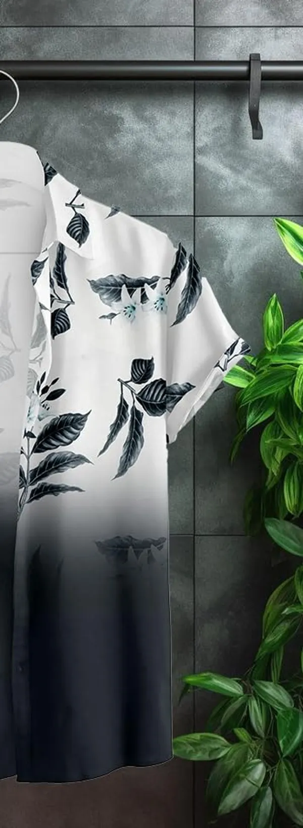 Black_Floral_Print_Button-Down_Shirt,_Ombre_White_To_Black,_Leaf_Pattern_Design