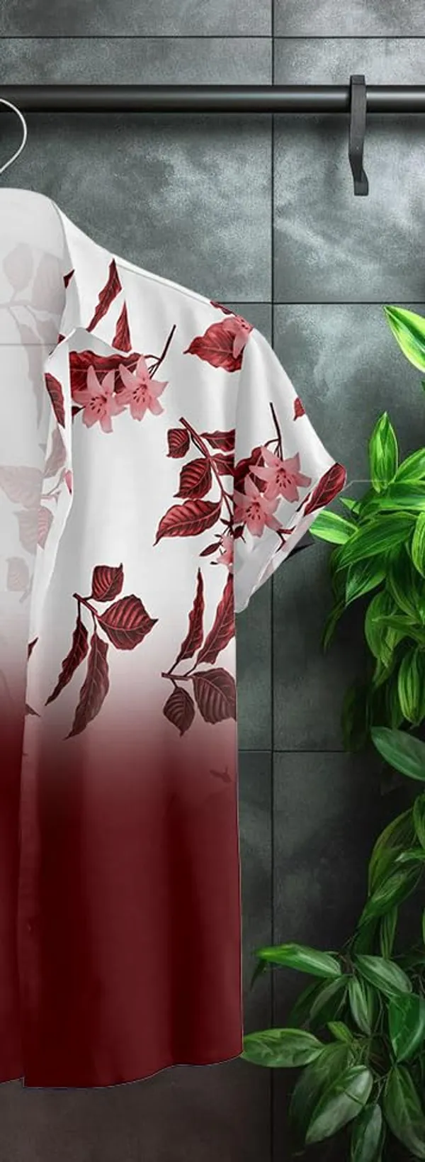 Maron_Floral_Print_Button-Down_Shirt,_Ombre_White_To_Black,_Leaf_Pattern_Design