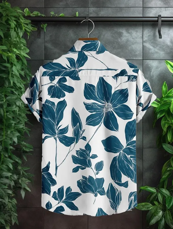 Blue_Floral_Print_Short_Sleeve_Button-Down_Shirt,_White_With_Navy_Blue_Tropical_Pattern,_Casual_Hawaiian_Style