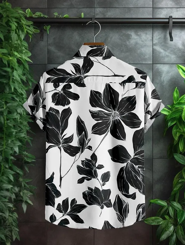 Black_Floral_Print_Short_Sleeve_Button-Down_Shirt,_White_With_Navy_Blue_Tropical_Pattern,_Casual_Hawaiian_Style