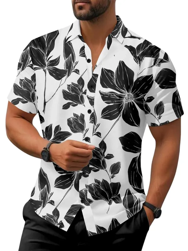 Black_Floral_Print_Short_Sleeve_Button-Down_Shirt,_White_And_Navy_Blue,_Hawaiian_Style