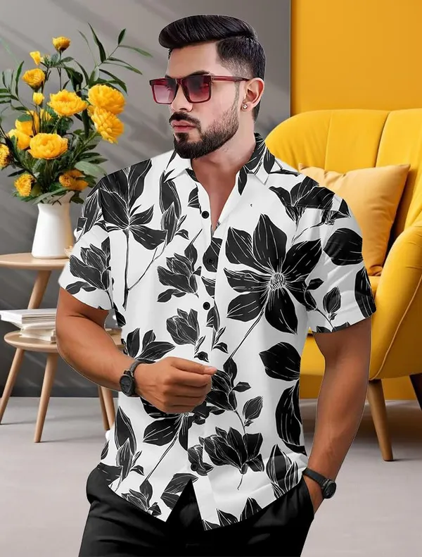 Black_Floral_Print_Short_Sleeve_Button-Down_Shirt,_White_And_Navy_Blue,_Hawaiian_Style