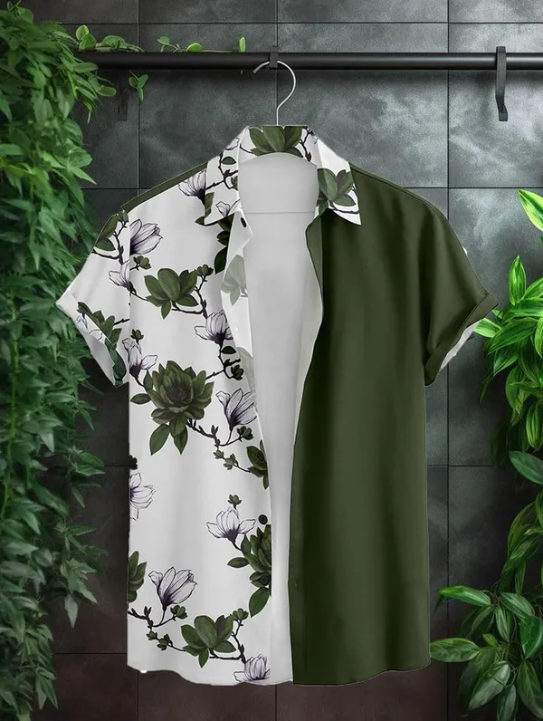 Green_Floral_Print_Short_Sleeve_Button-Up_Shirt,_Navy_Blue_And_White,_Two-Tone_Design
