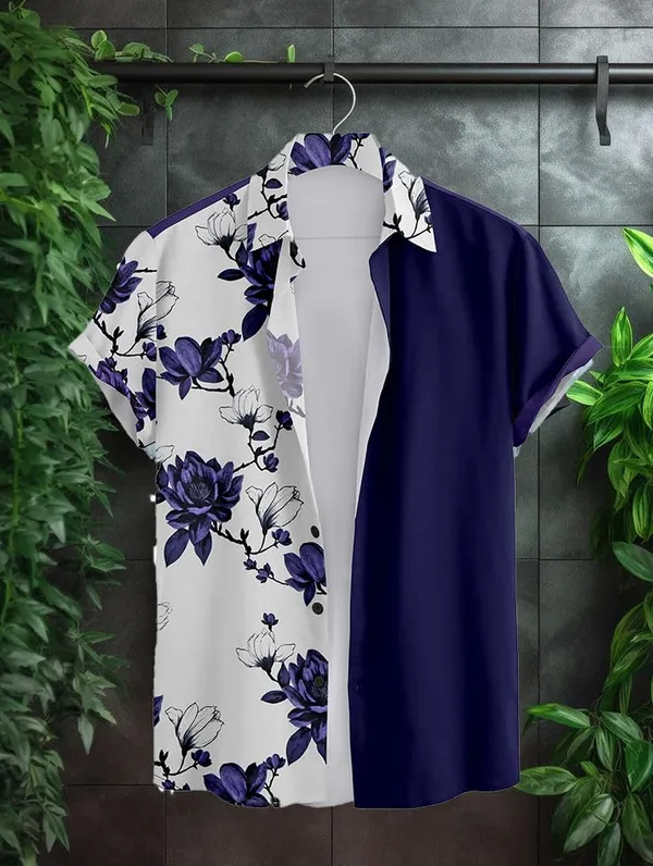 Blue_Floral_Print_Short_Sleeve_Button-Up_Shirt,_Navy_Blue_And_White,_Two-Tone_Design