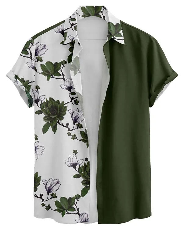 Green_Wofloral_Print_Colour_Block_Blouse,_Navy_Blue_And_White,_Short_Sleeves