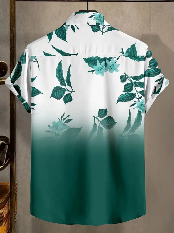 Green_Floral_Print_Button-Down_Shirt,_White_To_Black_Ombre,_Short_Sleeves,_Leaf_Pattern