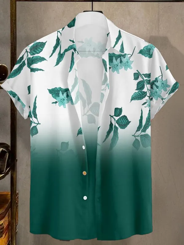 Green_Floral_Print_Button-Down_Shirt,_White_To_Black_Ombre,_Short_Sleeves,_Leaf_Pattern
