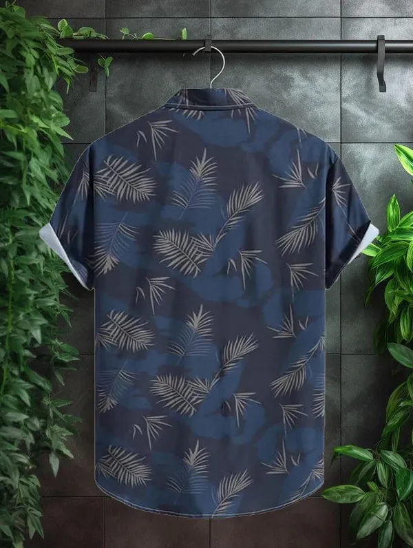 Blue_Hawaiian_Short_Sleeve_Shirt,_Navy_Blue_With_Palm_Leaf_Print,_Button-Down_Casual_Style