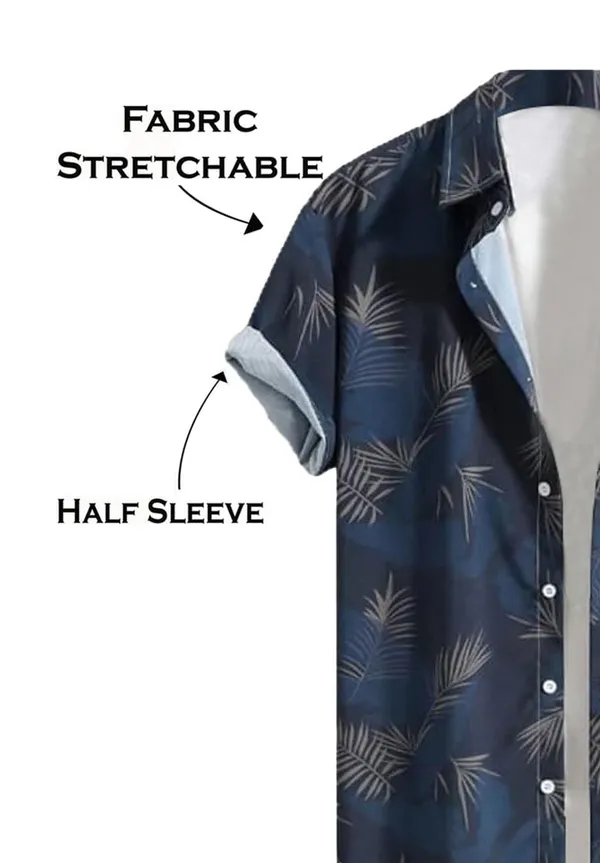 Blue_Hawaiian_Short_Sleeve_Shirt,_Navy_Blue_With_Palm_Leaf_Print,_Button-Down_Casual_Style
