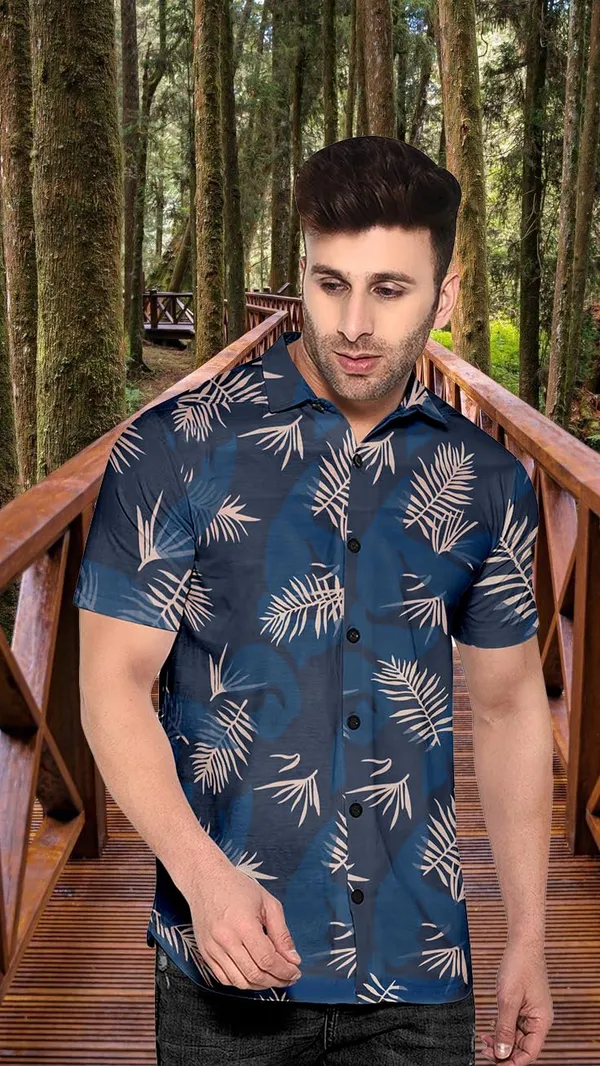 Blue_Hawaiian_Short_Sleeve_Shirt,_Navy_Blue_With_Palm_Leaf_Print,_Button-Down_Casual_Style