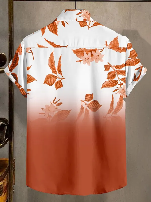 Orenge_Floral_Print_Button-Down_Shirt,_White_To_Black_Ombre,_Short_Sleeves,_Leaf_Pattern