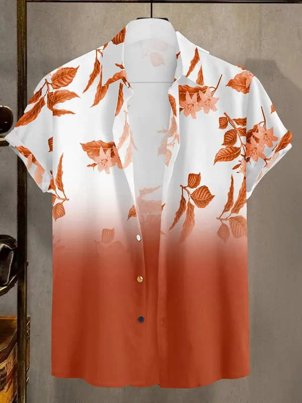 Orenge_Floral_Print_Button-Down_Shirt,_White_To_Black_Ombre,_Short_Sleeves,_Leaf_Pattern