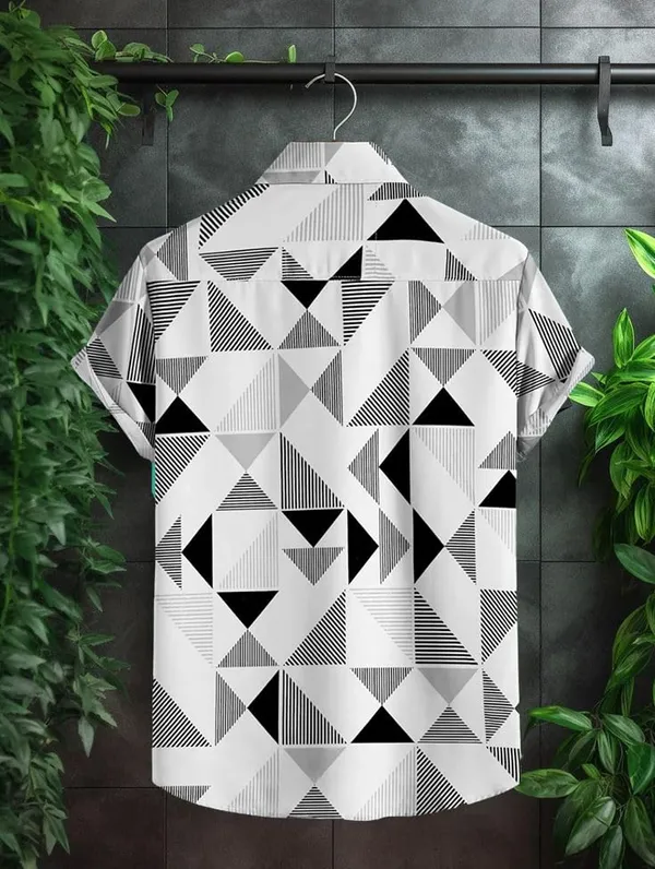 Black_Geometric_Print_Short_Sleeve_Button-Down_Shirt,_White_And_Navy_Blue_Pattern