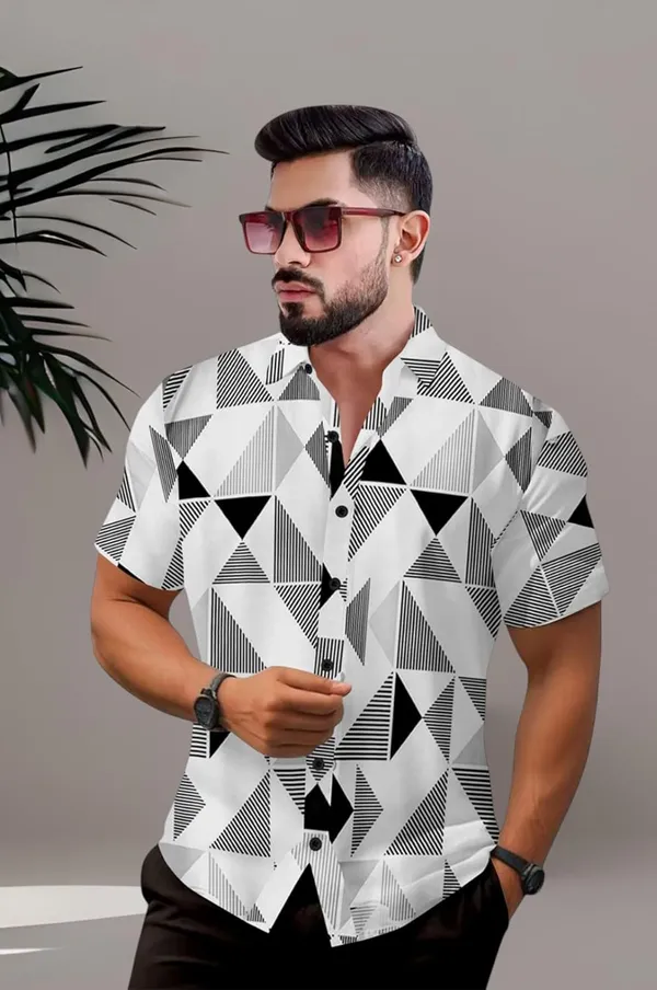 Black_Geometric_Print_Short_Sleeve_Button-Down_Shirt,_White_And_Navy_Blue_Pattern