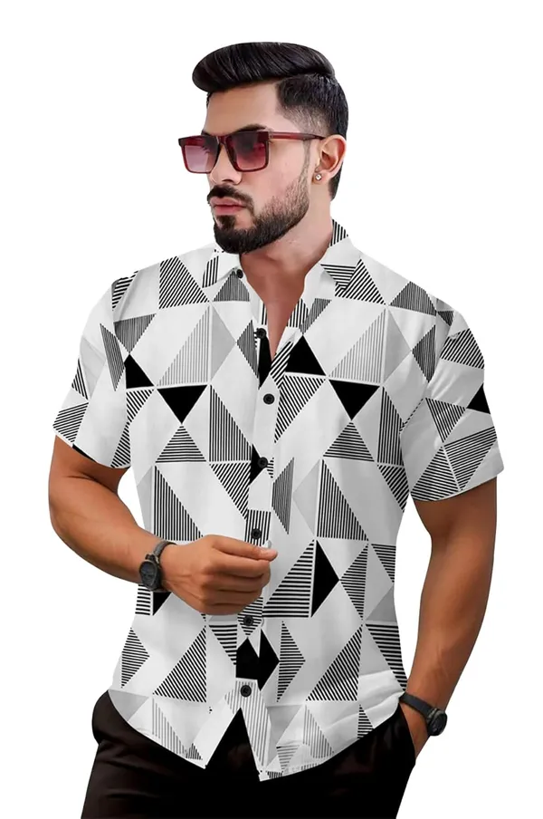 Black_Geometric_Print_Short_Sleeve_Button-Down_Shirt,_White_And_Navy_Blue_Pattern