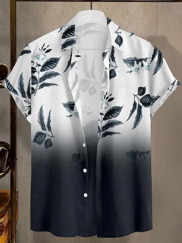 Restyle_Floral_Print_Button-Down_Shirt,_White_to_Black_Ombre,_Short_Sleeves,_Leaf_Pattern