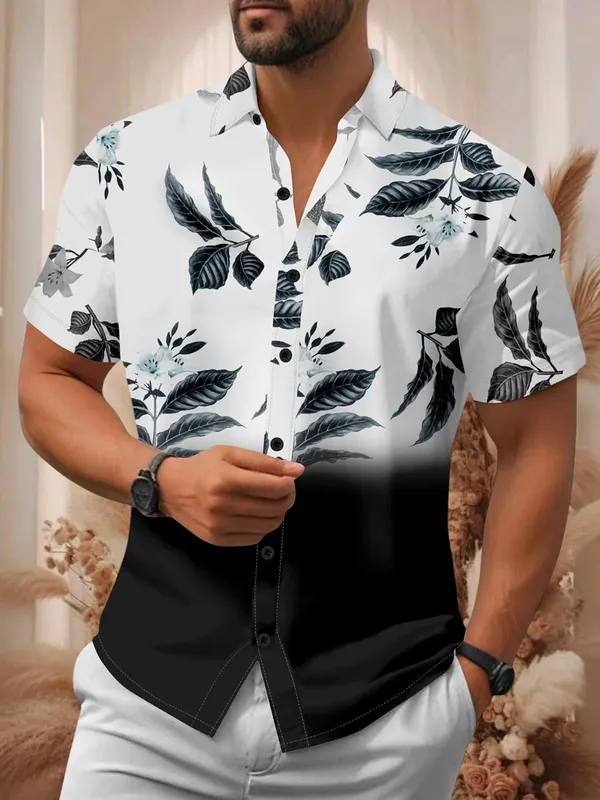 Restyle_Floral_Print_Button-Down_Shirt,_White_to_Black_Ombre,_Short_Sleeves,_Leaf_Pattern
