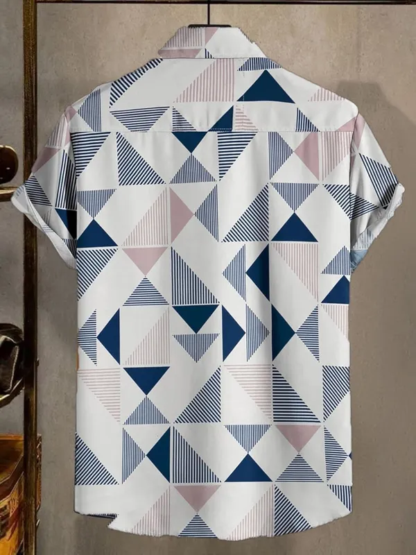 Blue_Geometric_Pattern_Button-Down_Shirt,_White_And_Navy_Blue_Triangles,_Striped_Design