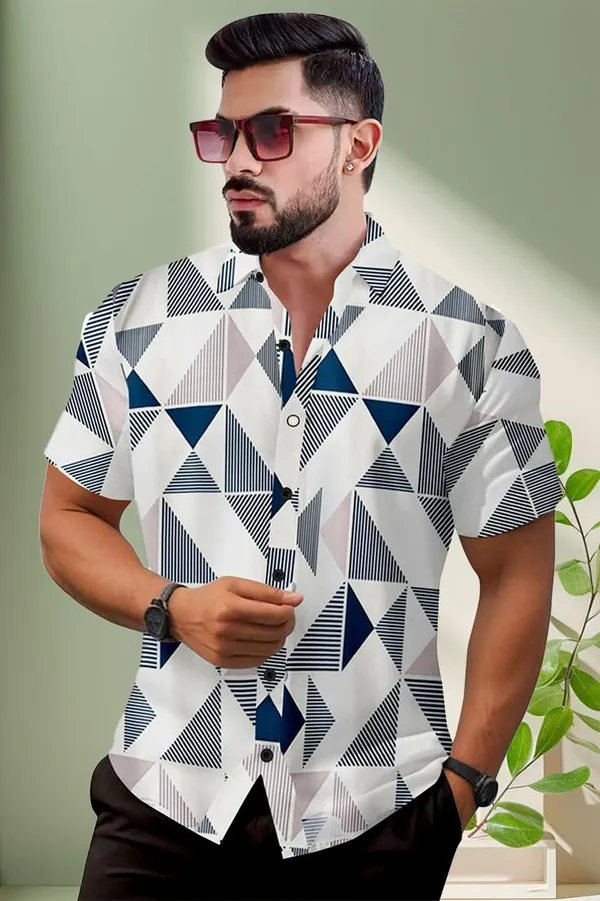 Blue_Geometric_Pattern_Button-Down_Shirt,_White_And_Navy_Blue_Triangles,_Striped_Design