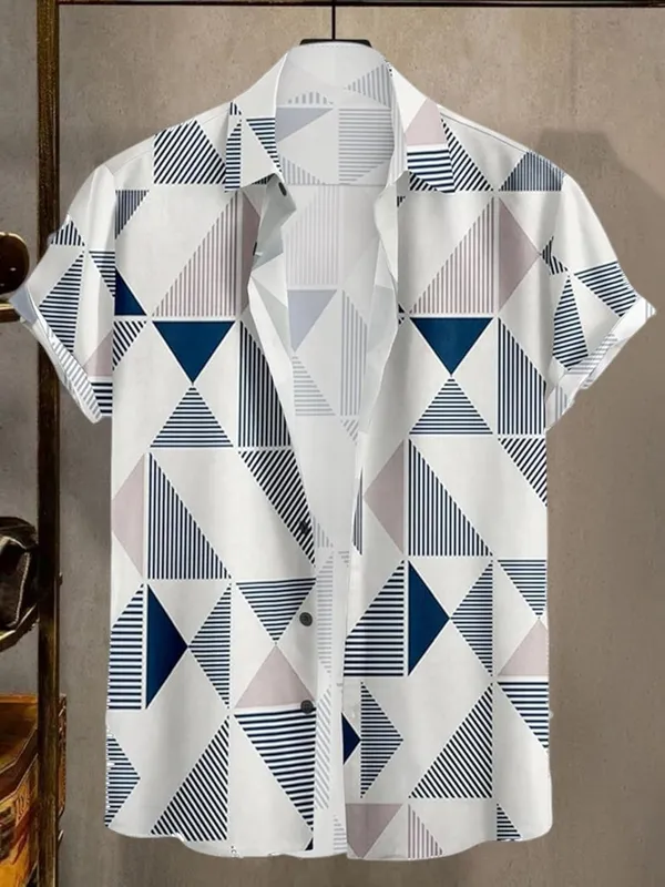Blue_Geometric_Pattern_Button-Down_Shirt,_White_And_Navy_Blue_Triangles,_Striped_Design