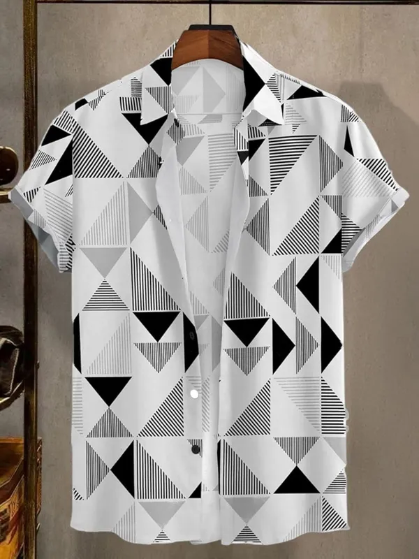 Black_Geometric_Pattern_Button-Down_Shirt,_White_And_Navy_Blue_Triangles,_Striped_Design