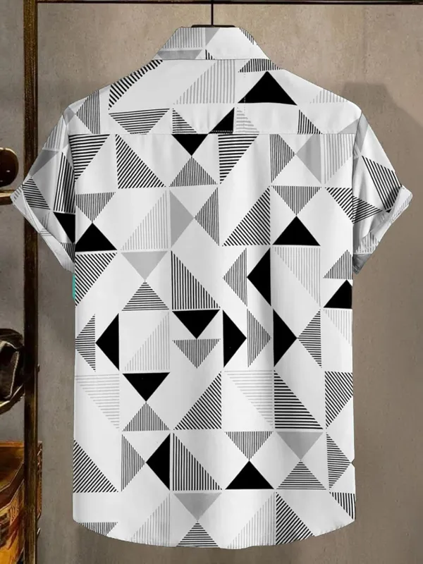 Black_Geometric_Pattern_Button-Down_Shirt,_White_And_Navy_Blue_Triangles,_Striped_Design