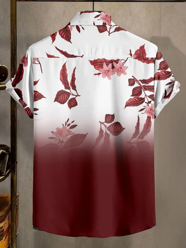 Maroon_Floral_Print_Button-Down_Shirt,_White_To_Black_Ombre,_Short_Sleeves,_Leaf_Pattern