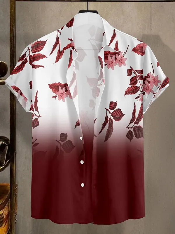 Maroon_Floral_Print_Button-Down_Shirt,_White_To_Black_Ombre,_Short_Sleeves,_Leaf_Pattern