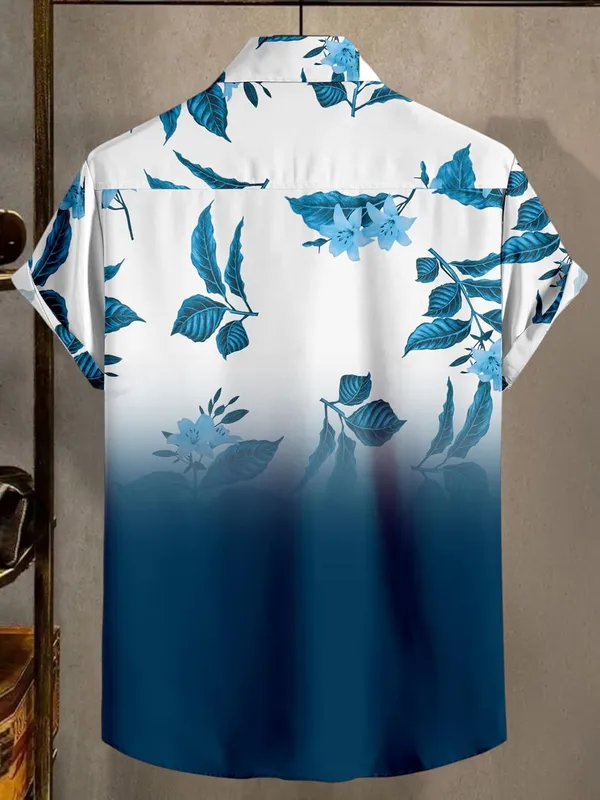 Blue_Floral_Print_Button-Down_Shirt,_White_To_Black_Ombre,_Short_Sleeves,_Leaf_Pattern