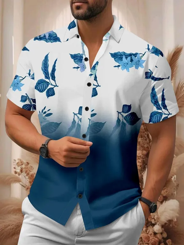 Blue_Floral_Print_Button-Down_Shirt,_White_To_Black_Ombre,_Short_Sleeves,_Leaf_Pattern