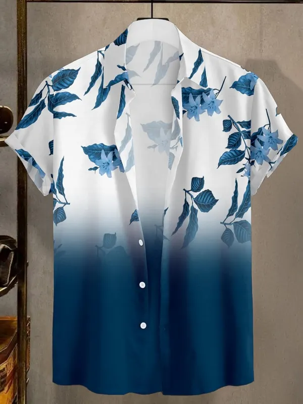 Blue_Floral_Print_Button-Down_Shirt,_White_To_Black_Ombre,_Short_Sleeves,_Leaf_Pattern