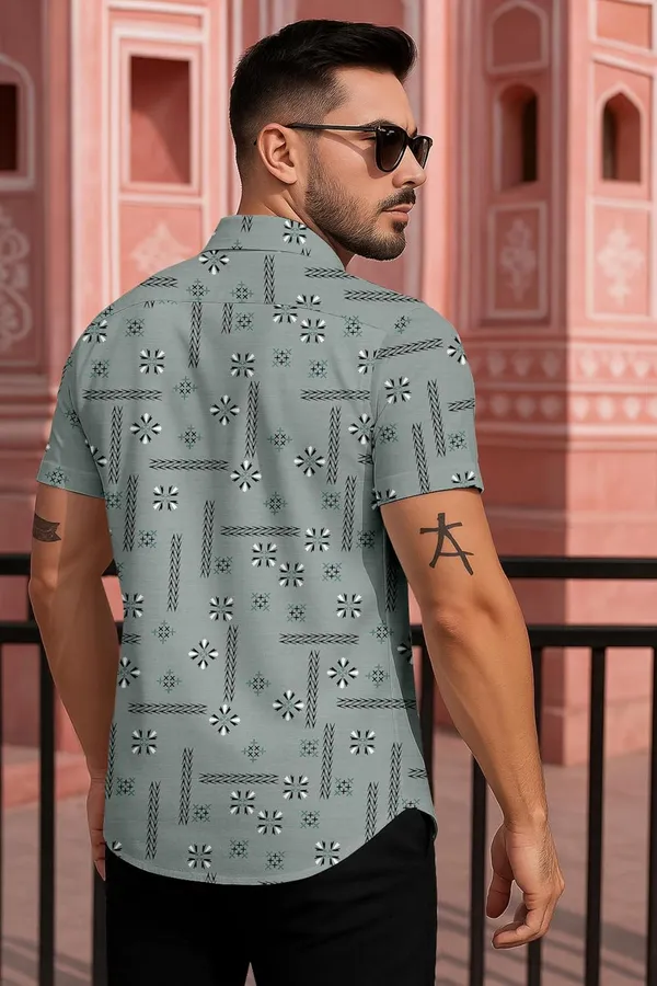 Green_Short_Sleeve_Casual_Shirt,_Geometric_Floral_Print,_Sage_Green,_Button-Down_Collar