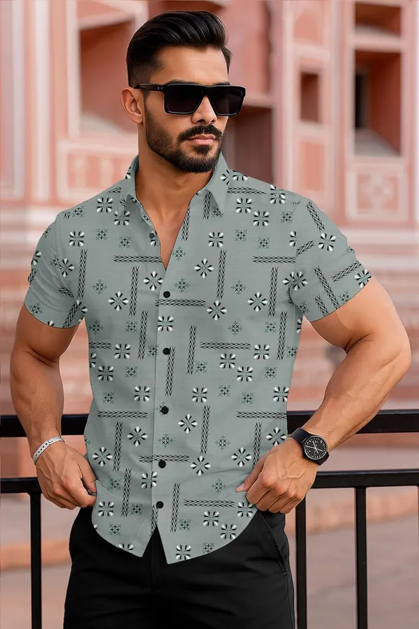 Green_Short_Sleeve_Casual_Shirt,_Geometric_Floral_Print,_Sage_Green,_Button-Down_Collar
