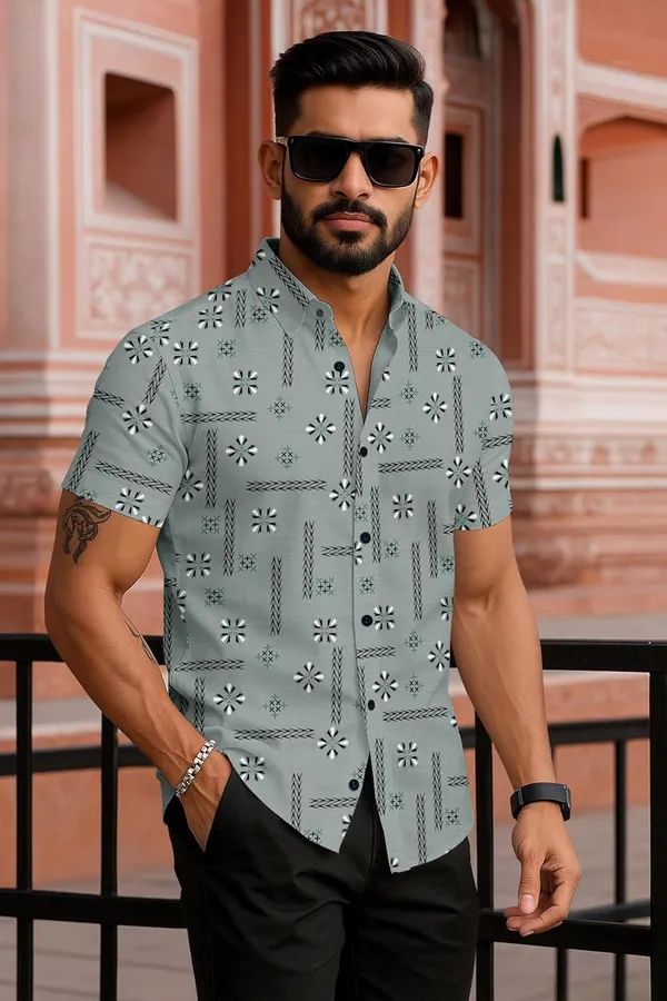Green_Short_Sleeve_Casual_Shirt,_Geometric_Floral_Print,_Sage_Green,_Button-Down_Collar