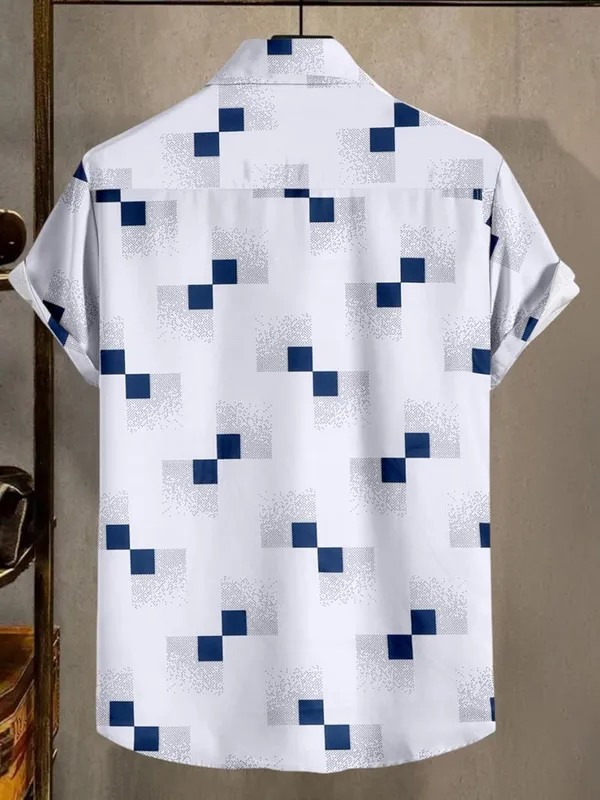 White_Modern_Short_Sleeve_Button_Down_Shirt,_White_With_Navy_Blue_Geometric_Pattern