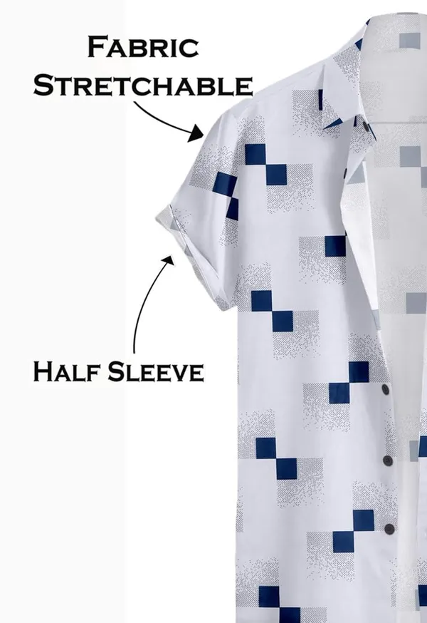 White_Modern_Short_Sleeve_Button_Down_Shirt,_White_With_Navy_Blue_Geometric_Pattern